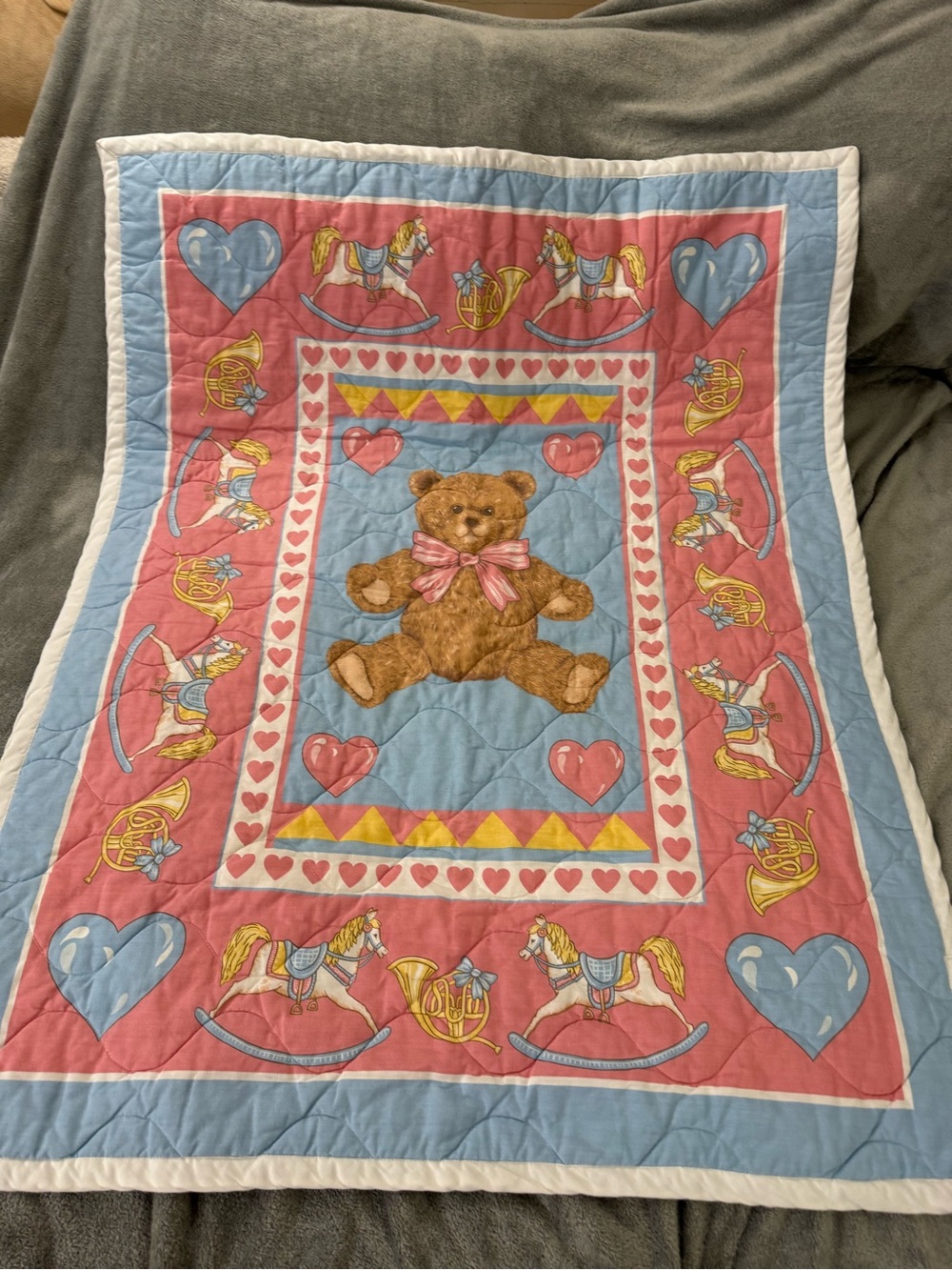 Stitched Teddy Bear Baby Quilt Blanket W/ Rocking Horses & Hearts - Vintage